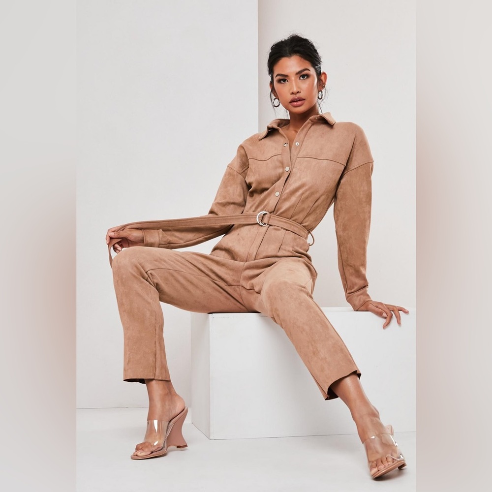 Missguided Tan Faux Suede Utility Jumpsuit